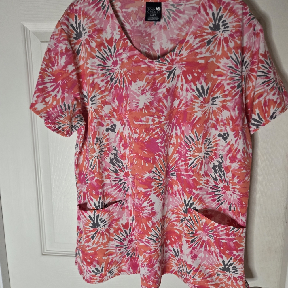 Vibrant Tie-Dye Short Sleeve Scrub 2 Pocket Top
